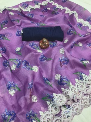 Beautiful embroidery border handwork digital printed organza purple saree